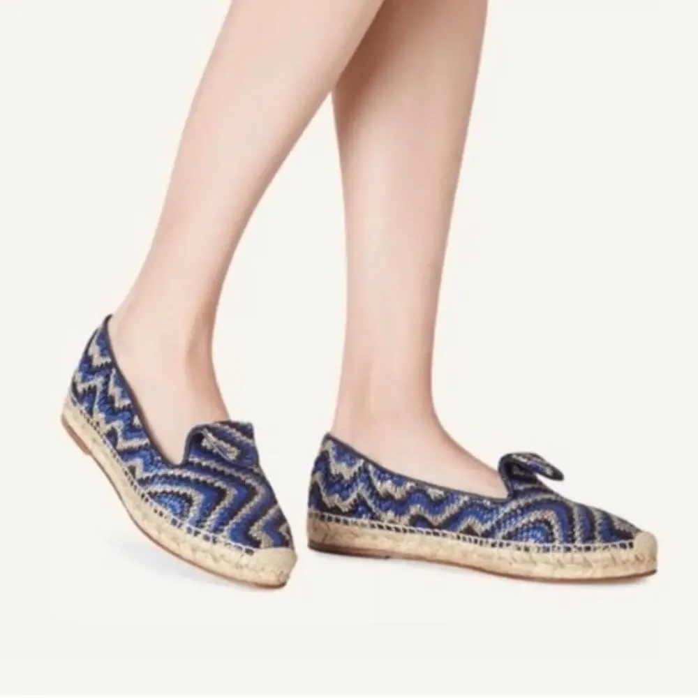 Sarah Flint Andrea Espadrille Loafers Flats Navy Raffia Linen Summer Vacation